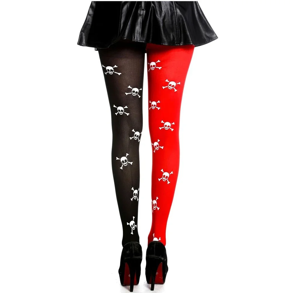 Red Black Skull Crossbones Thigh High Stockings Harlequin Goth Punk Costume